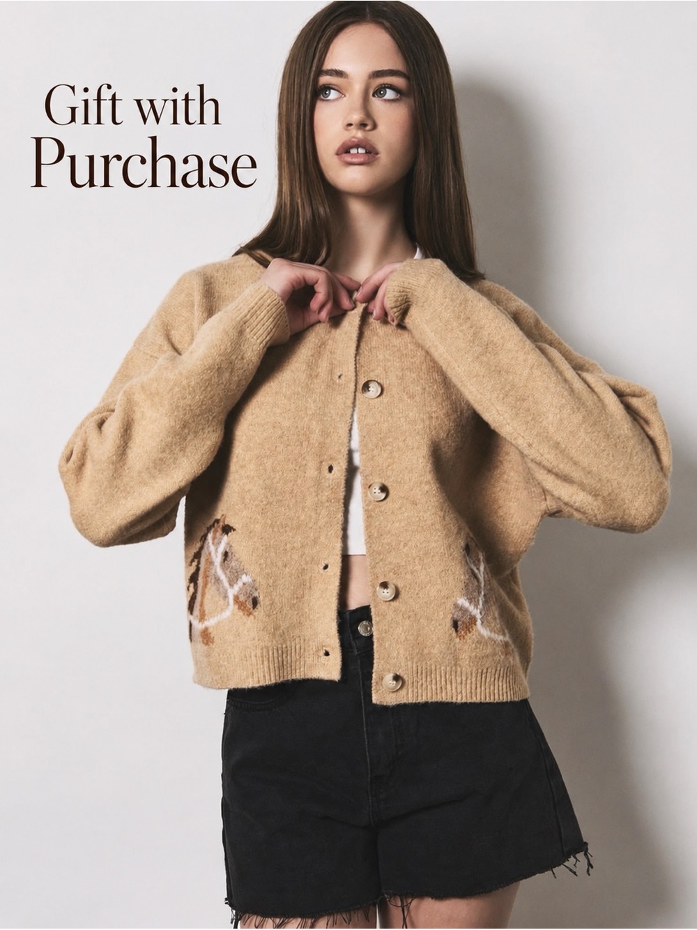 NWT Le Lis Horse Graphic Crew Neck Cardigan Tan Western Sweater